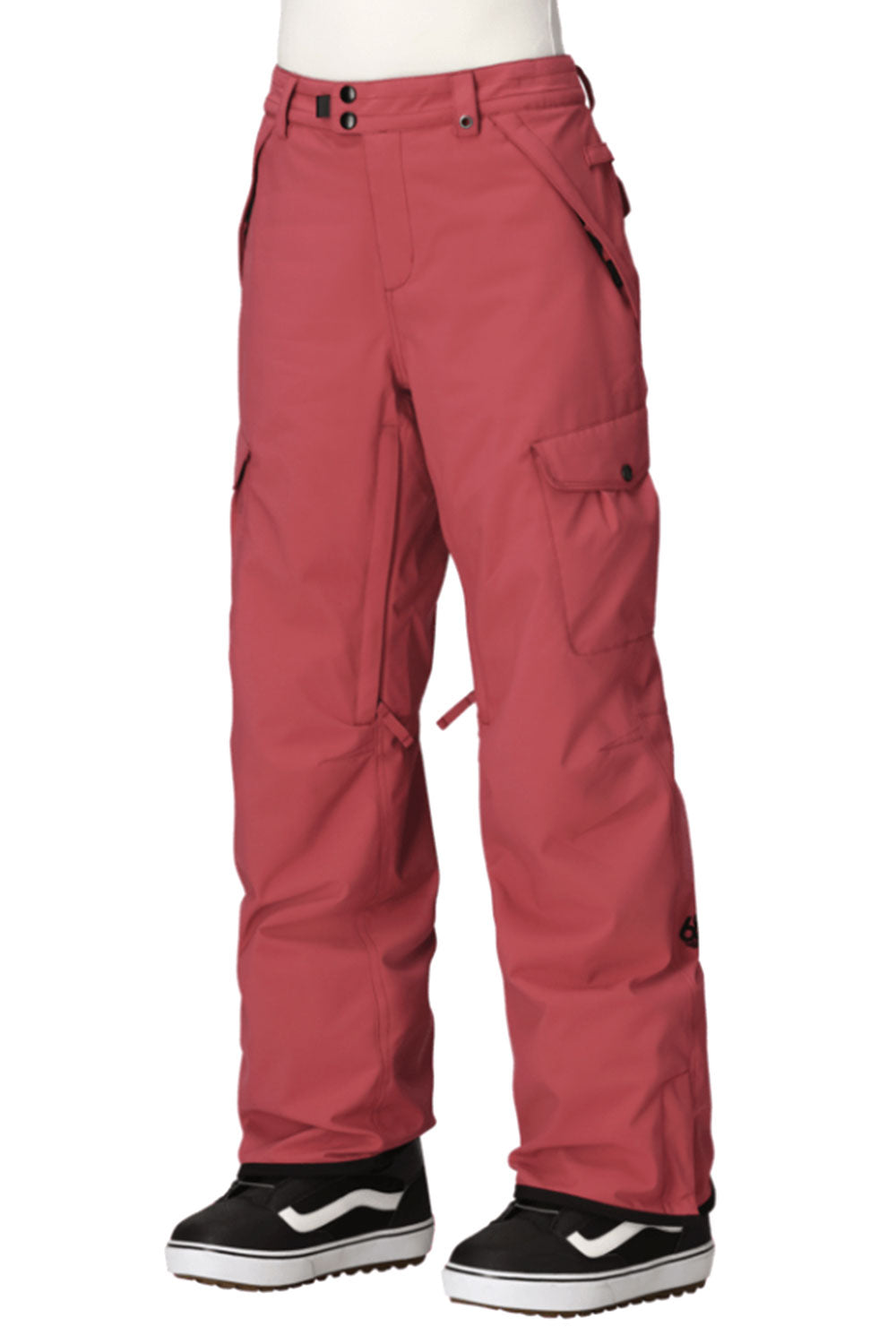 Rose snow pants with black shoes on a white background