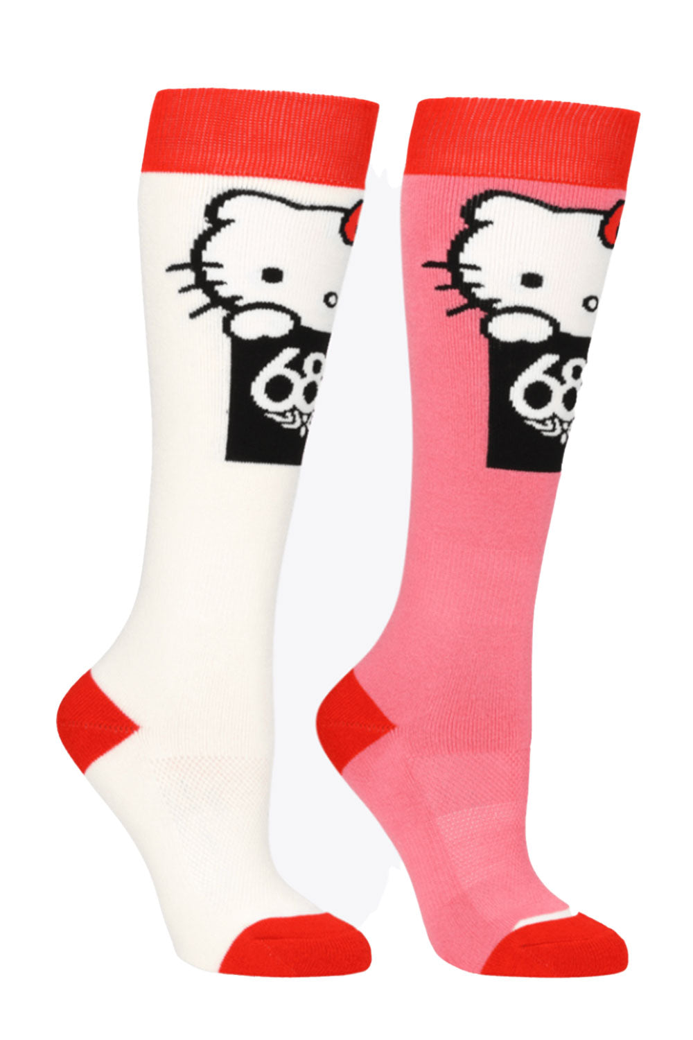 2 socks, one white and one pink, Hello Kitty graphic
