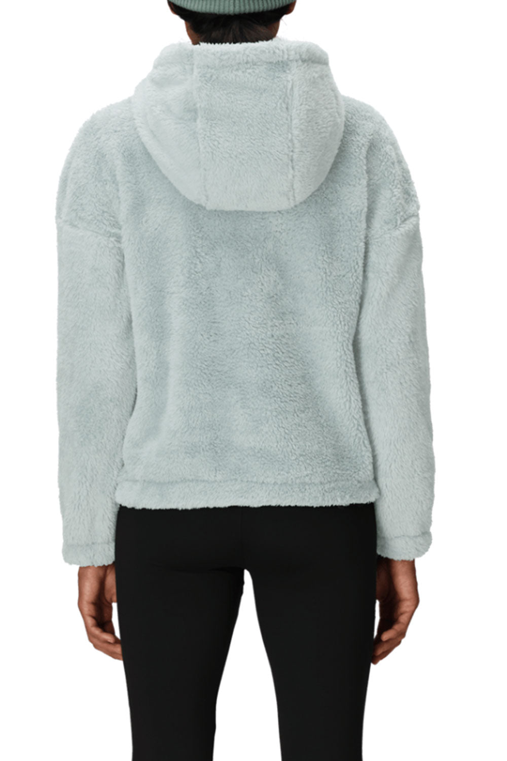 Light gray fleece jacket worn by a person on a white background