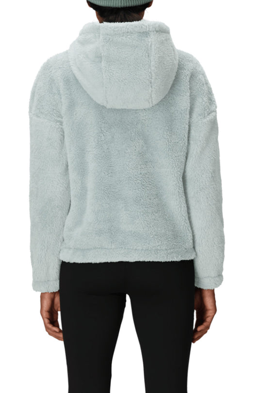 Light gray fleece jacket worn by a person on a white background