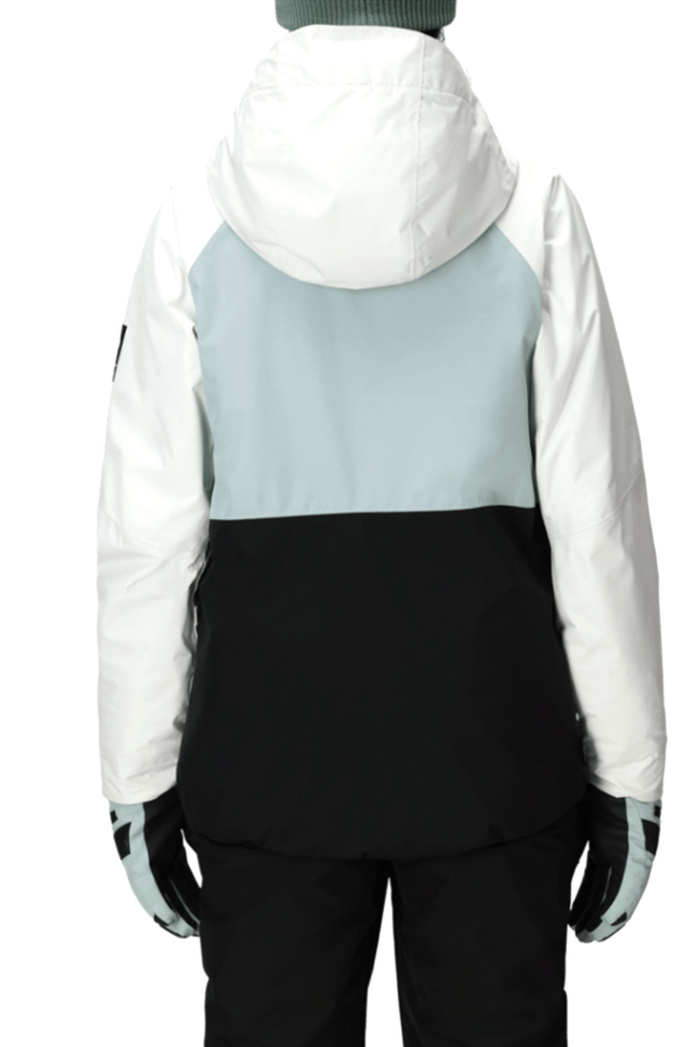 Person wearing a white, gray, and black jacket with a hood on a white background