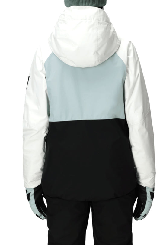 Person wearing a white, gray, and black jacket with a hood on a white background