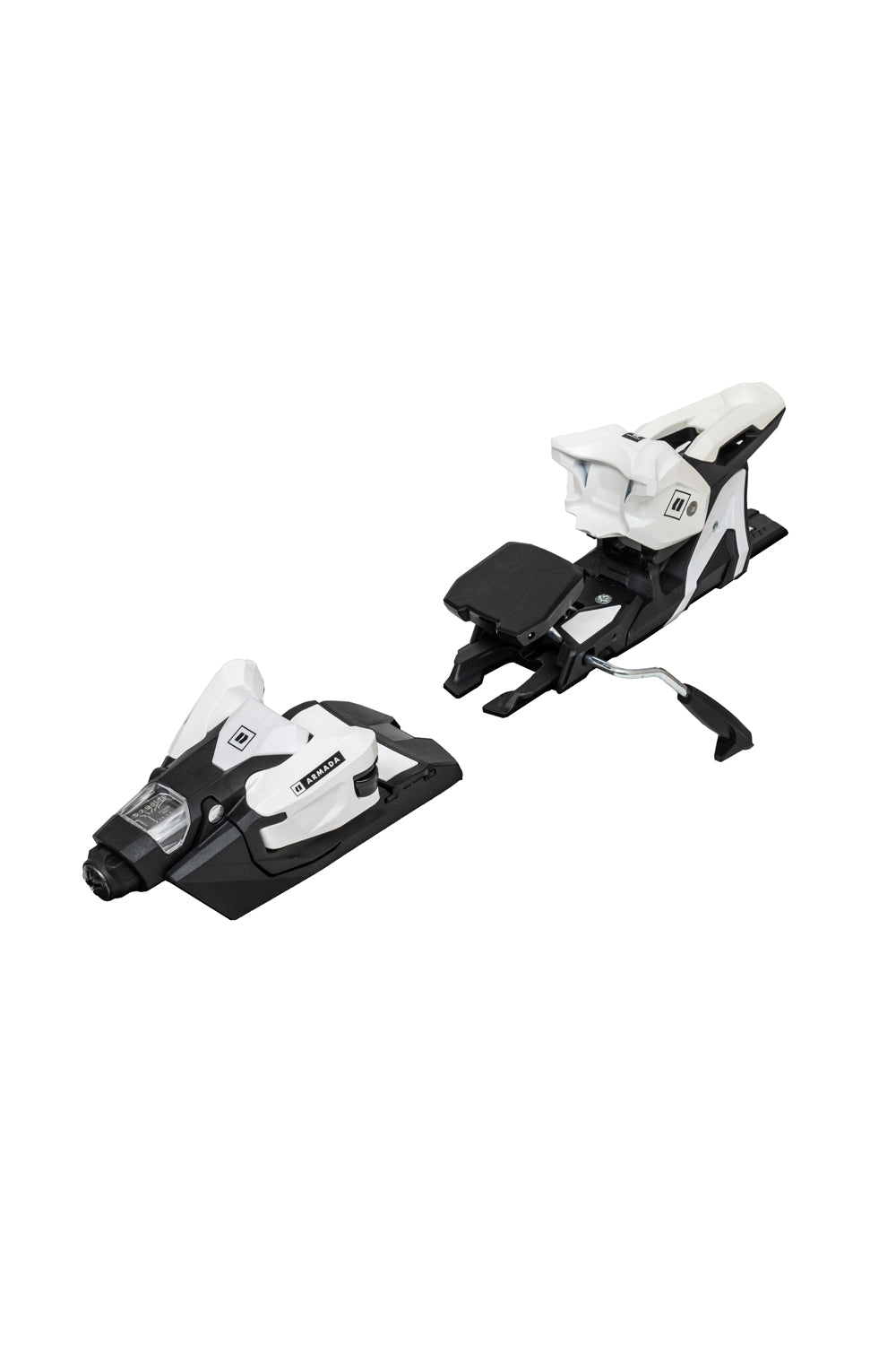 White and black ski bindings  with branding on a white background