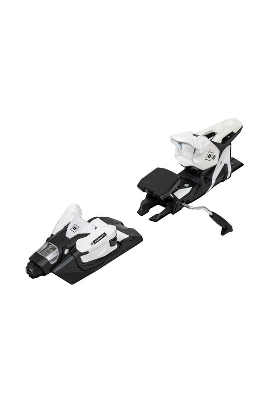 White and black ski bindings  with branding on a white background