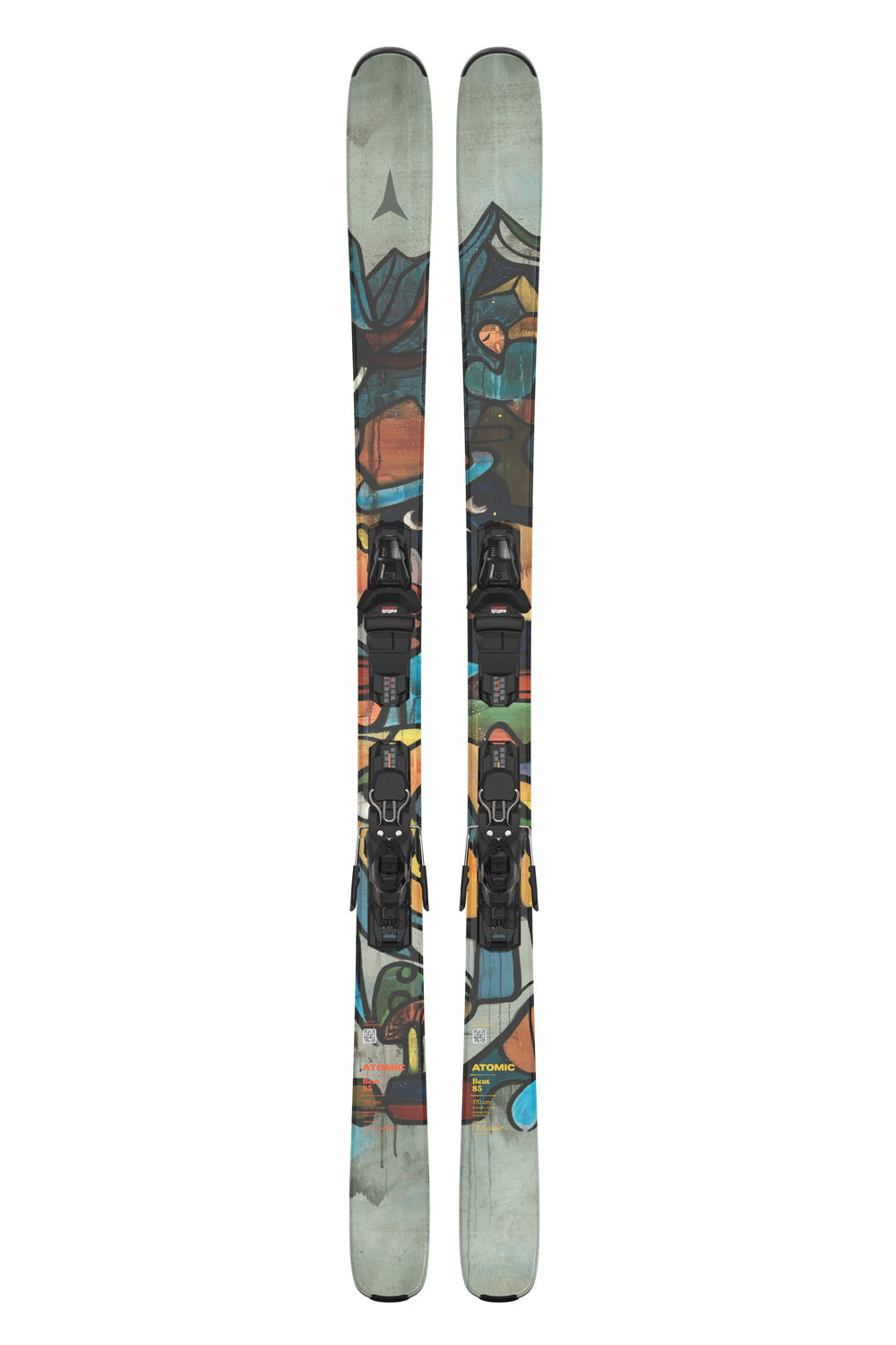 Atomic Bent skis,  Multicolor abstract mountain scence with black bindings