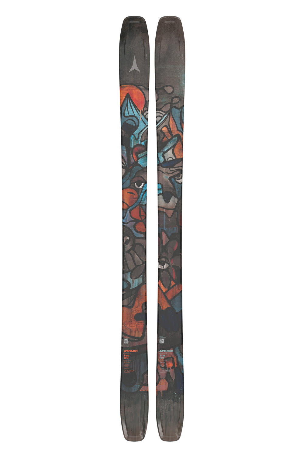 Atomic Bent 100 skis, multicolor abstract mountain graphic