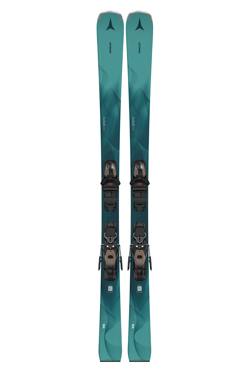 women's atomic cloud Q8 skis,  teal skis black and bronze binding