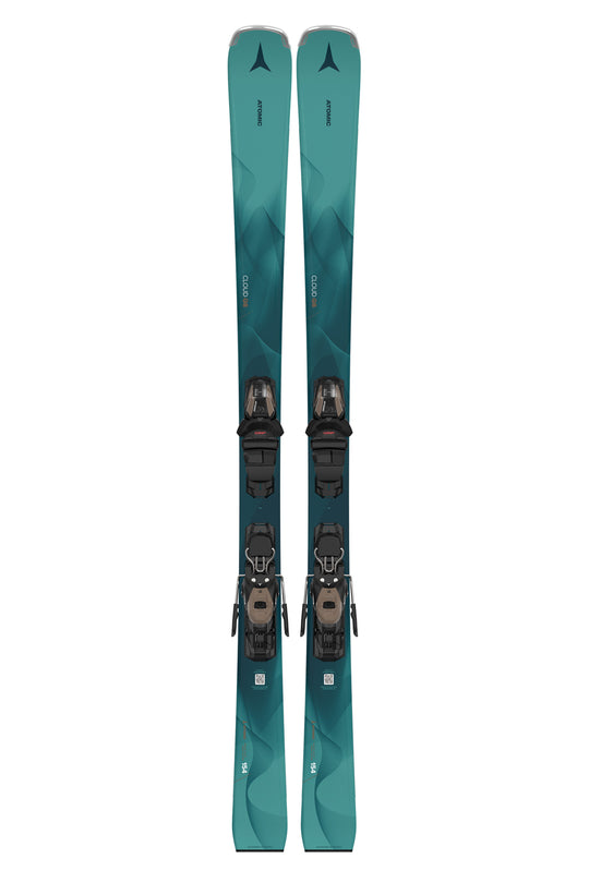 women's atomic cloud Q8 skis,  teal skis black and bronze binding