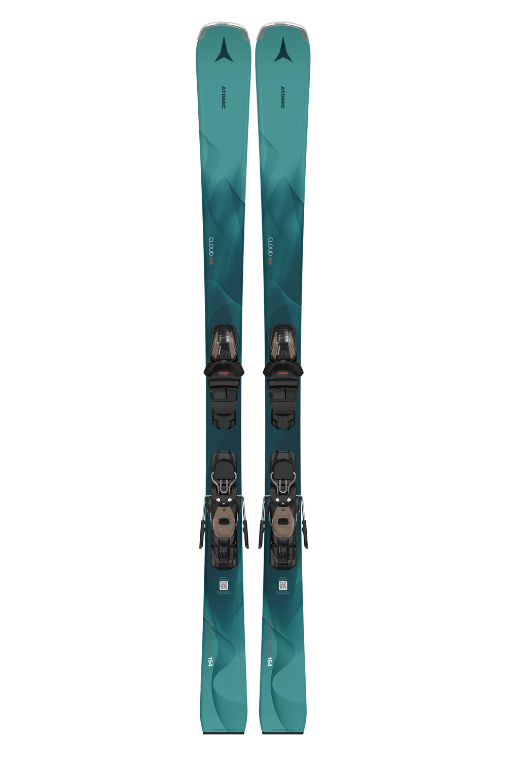 women's atomic cloud Q8 skis,  teal skis black and bronze binding