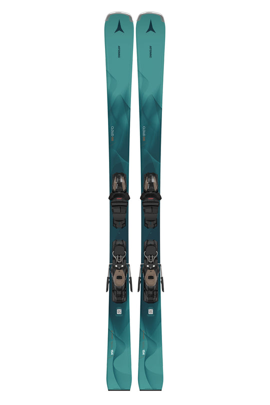women's atomic cloud Q8 skis,  teal skis black and bronze binding
