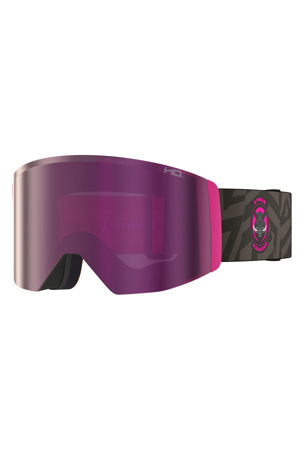 Atomic Four Q L Signature Goggles - black and gray geometrc strap and dark pink lens
