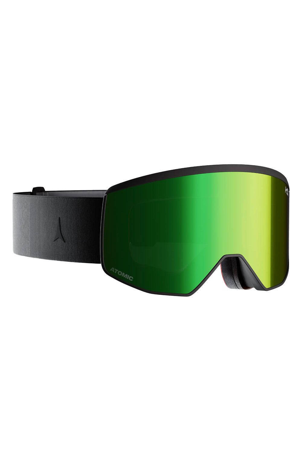 Green ski goggles with black frame on a white background