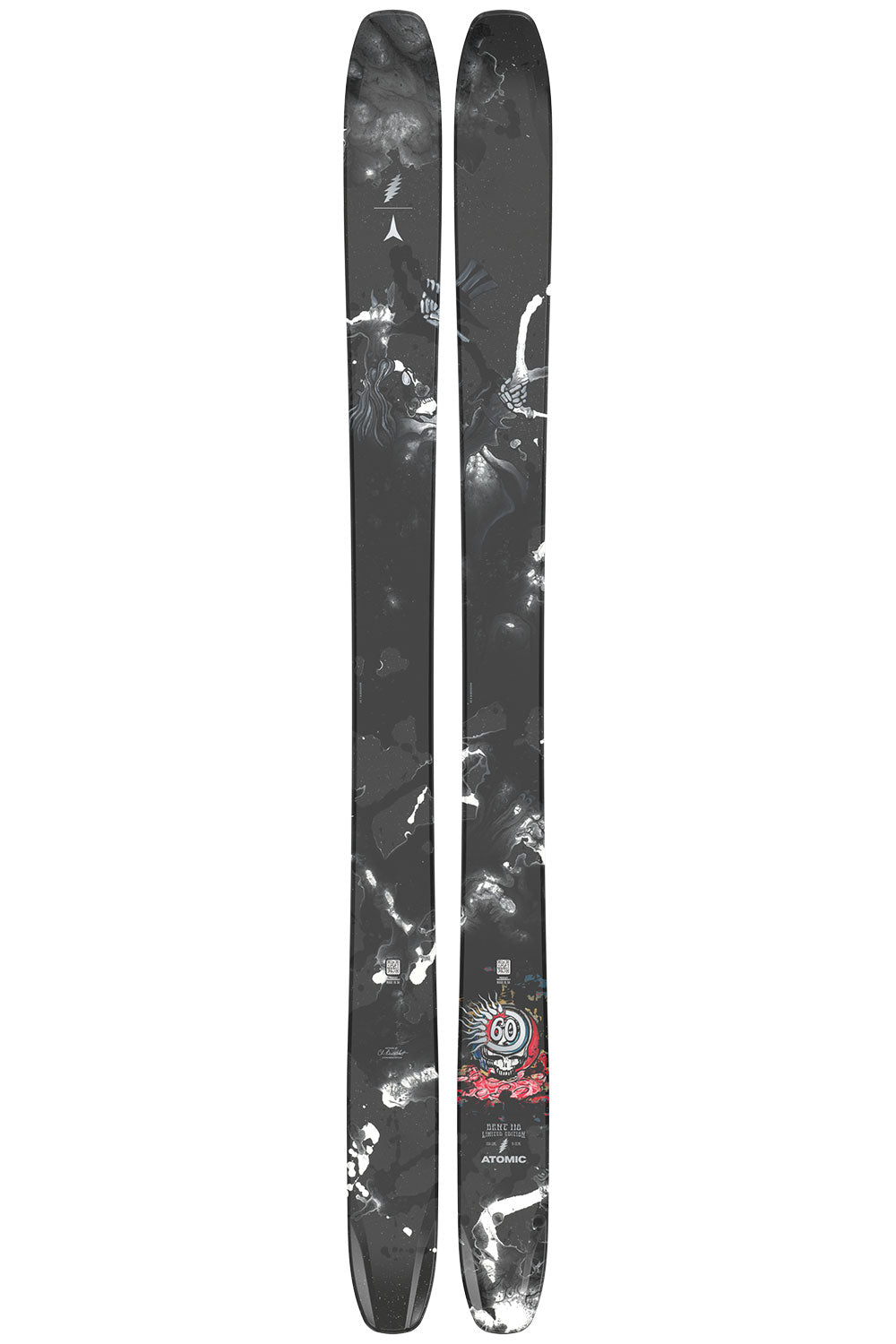 Pair of skis with a black and gray design on a white background