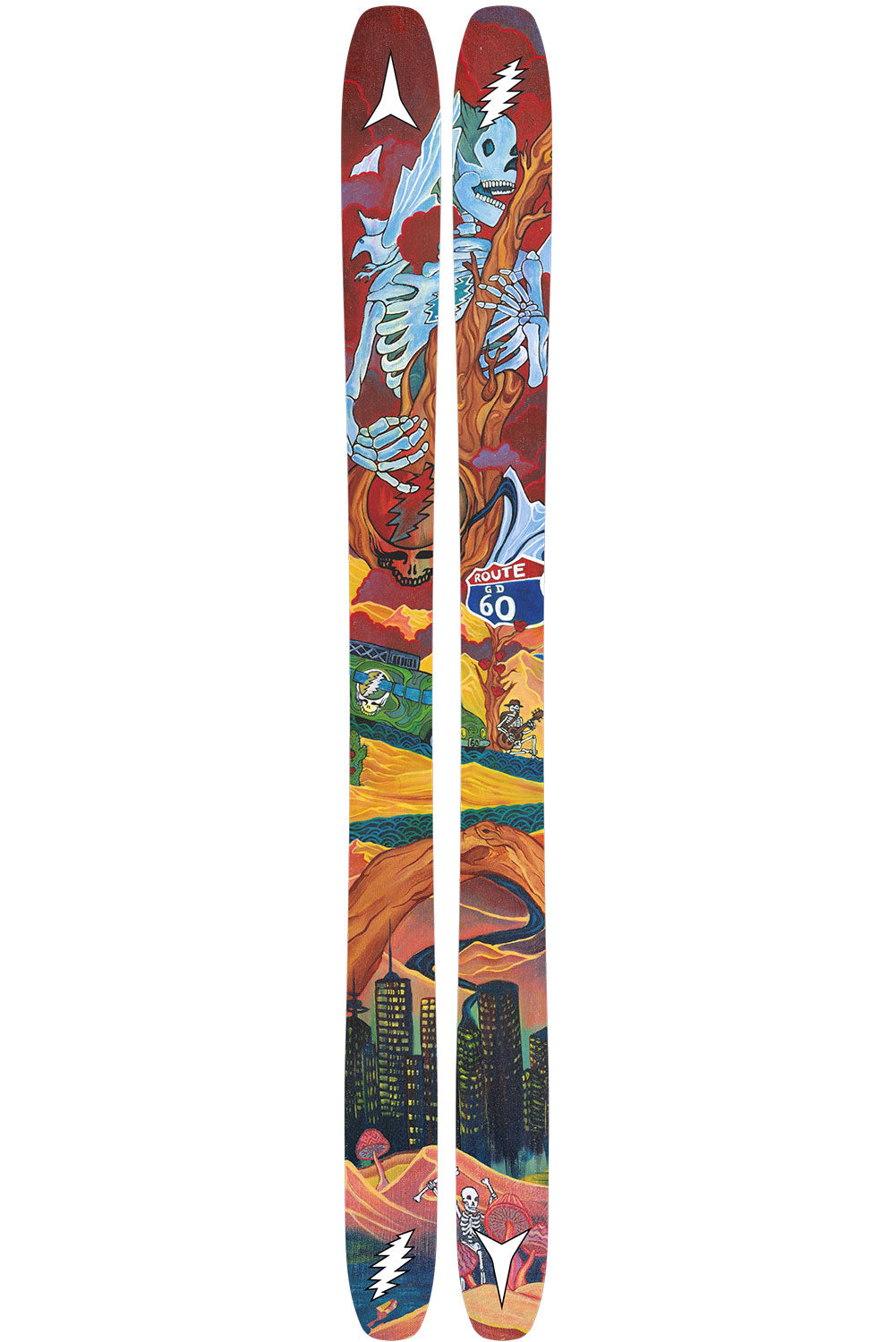 Colorful skis with artistic design on a white background