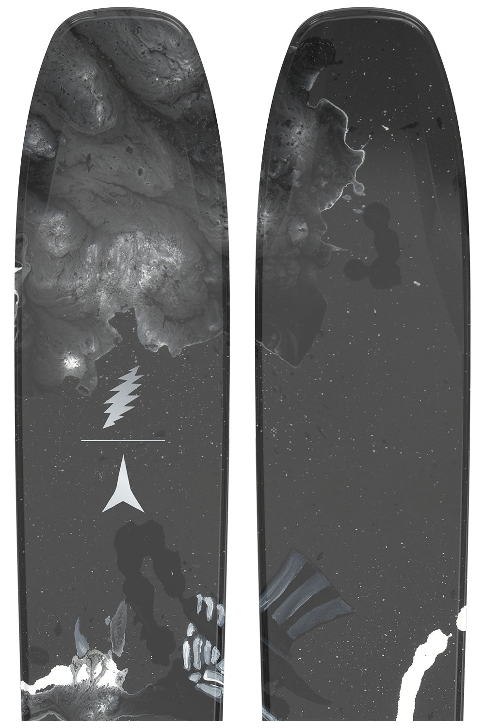 Two skis with a black and white design on a white background