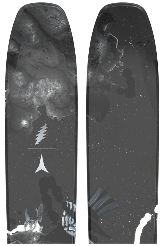 Two skis with a black and white design on a white background