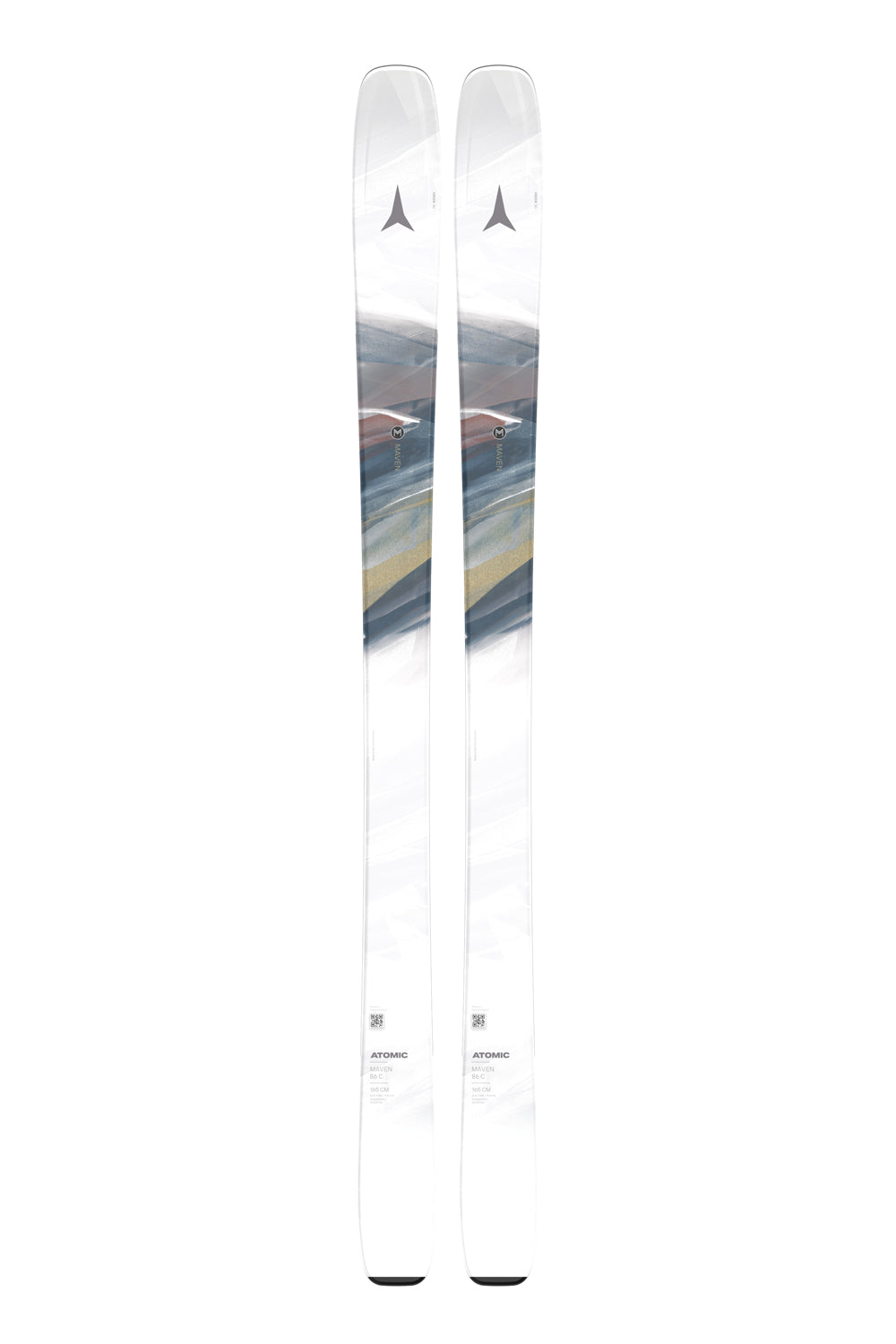 women's Atomic Maven skis, white with multicolor paint stroke pattern