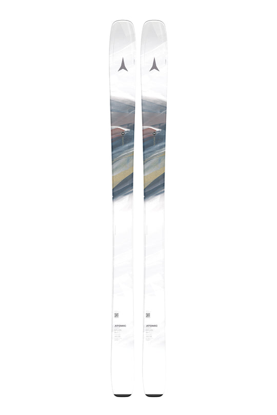 women's Atomic Maven skis, white with multicolor paint stroke pattern