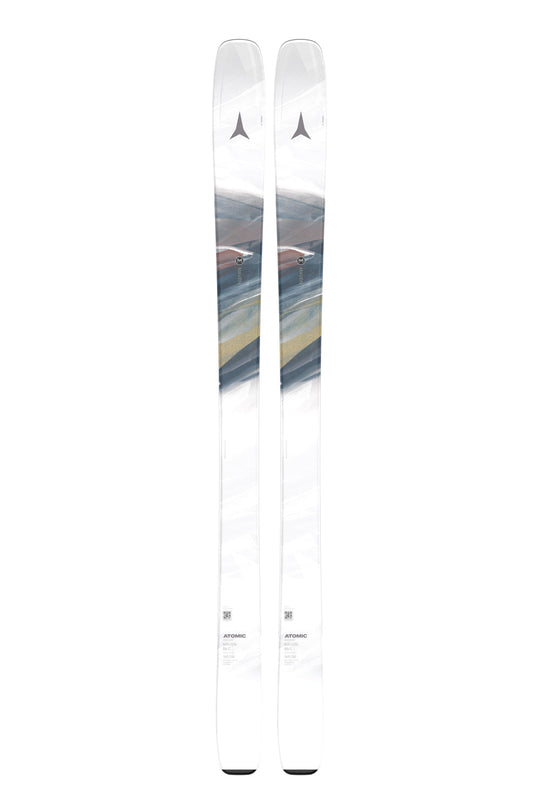women's Atomic Maven skis, white with multicolor paint stroke pattern