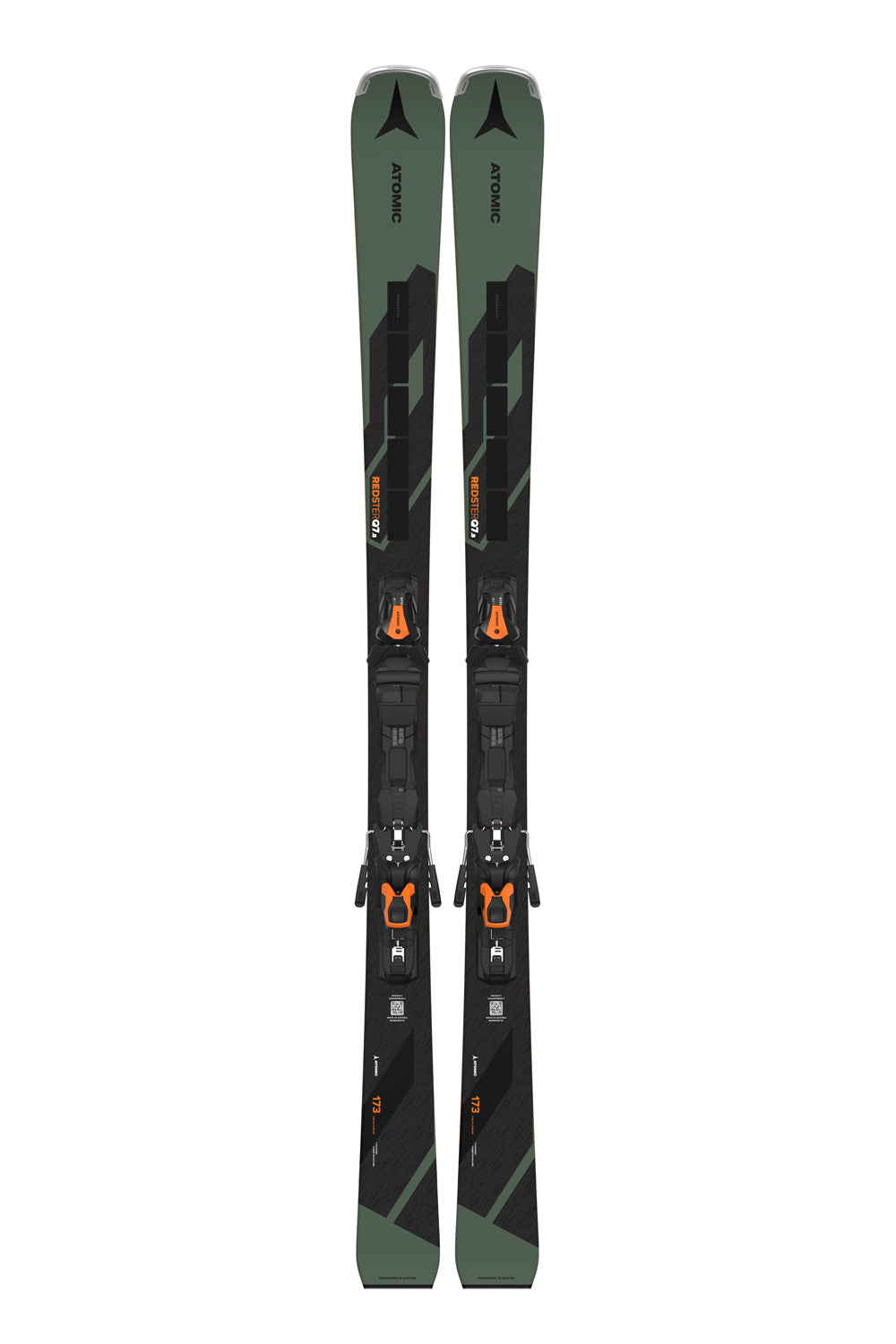 men's Atomic Redster  Q7.8 skis & bindings, moss green and black skis, black bindings with orange accents
