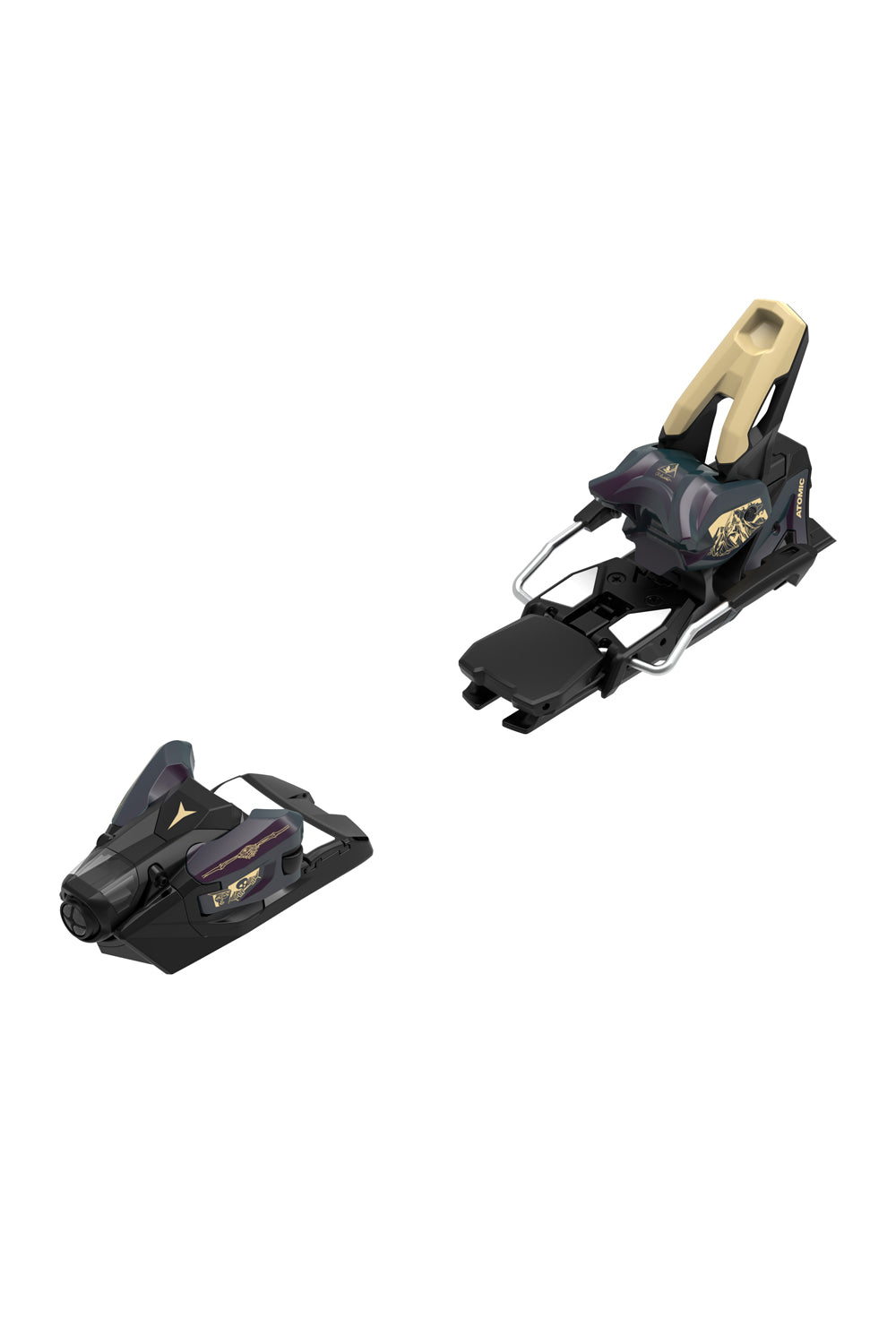 Atomic Strive 14 GW ski bindings, black with purple and tan accents