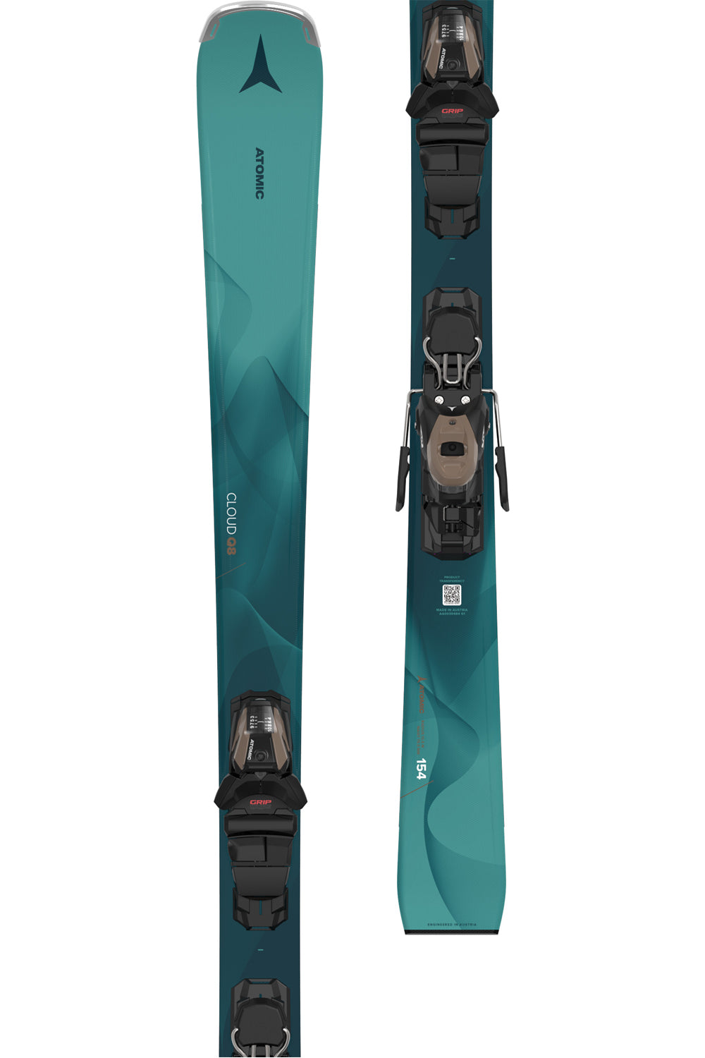 women's atomic cloud Q8 skis,  teal skis black and bronze binding