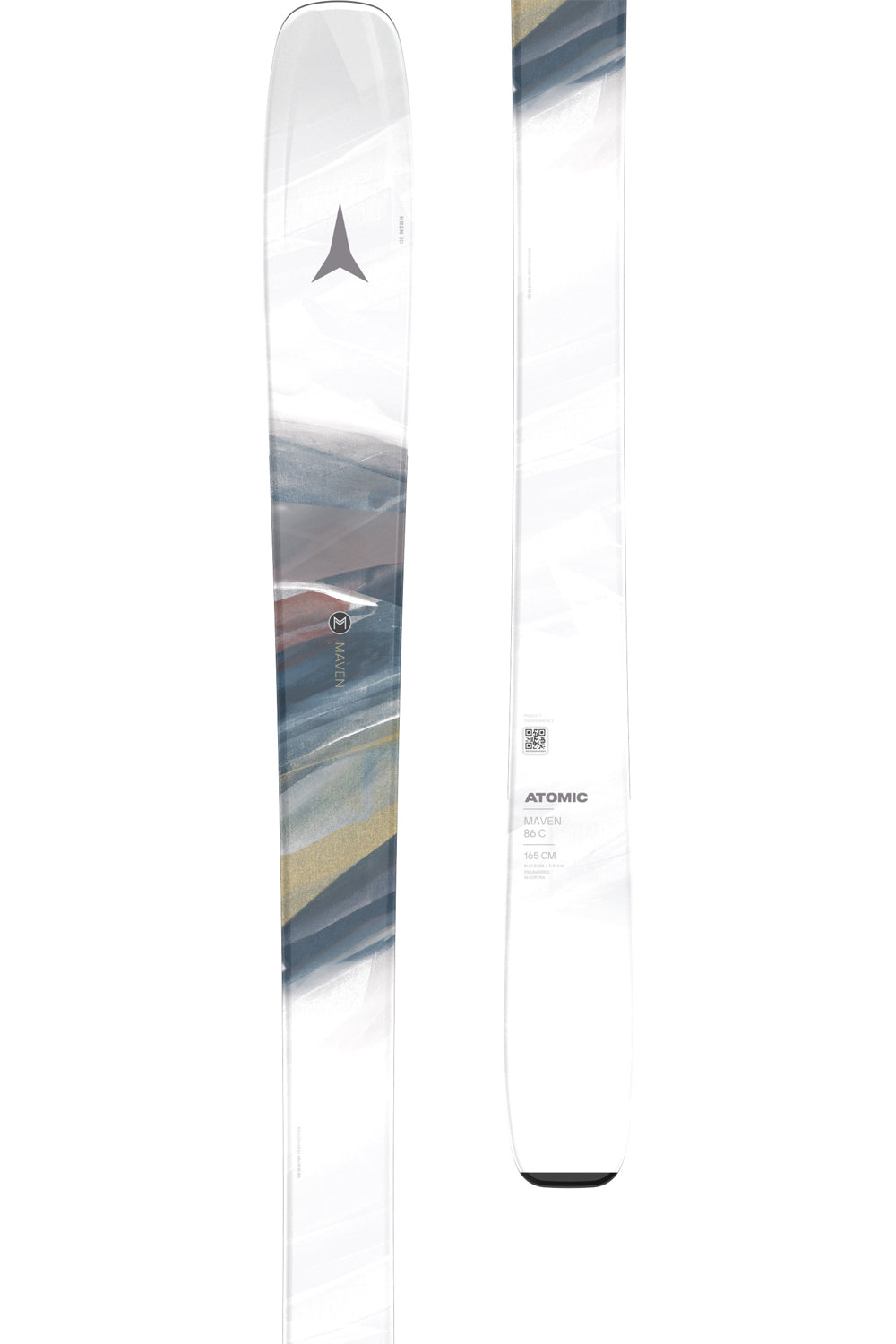women's Atomic Maven skis, white with multicolor paint stroke pattern