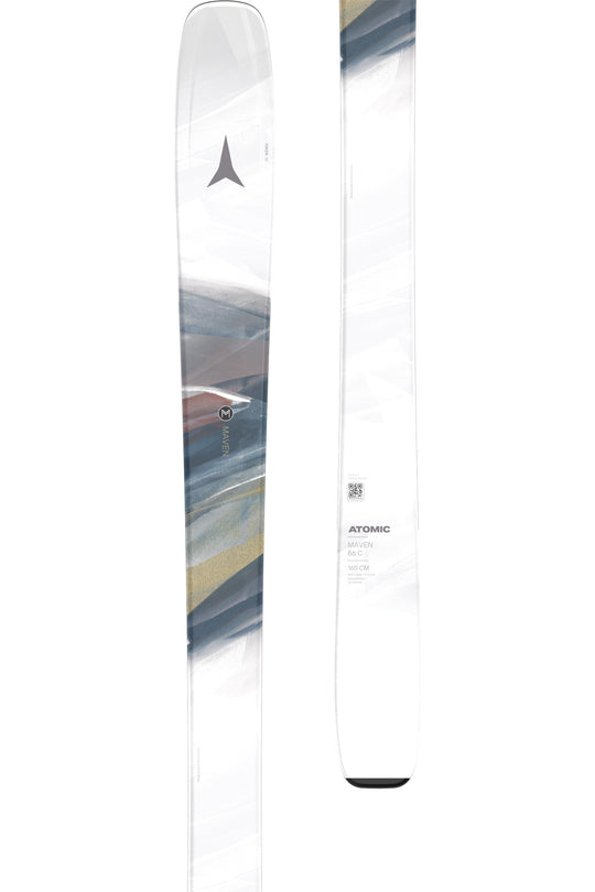 women's Atomic Maven skis, white with multicolor paint stroke pattern