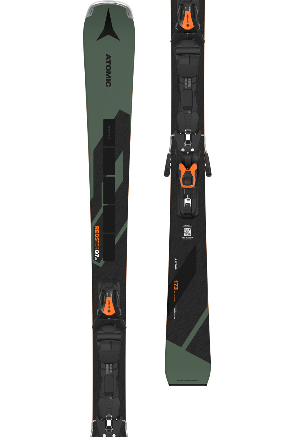men's Atomic Redster  Q7.8 skis & bindings, moss green and black skis, black bindings with orange accents