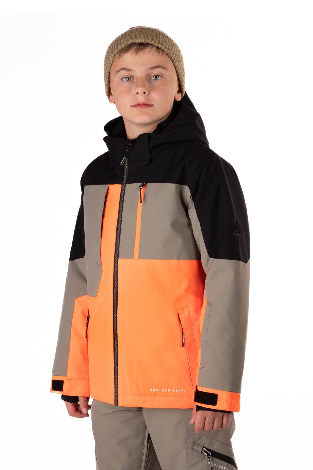 Boys' Boulder Gear Cruz ski jacket - black, grey and orange colorblock pattern