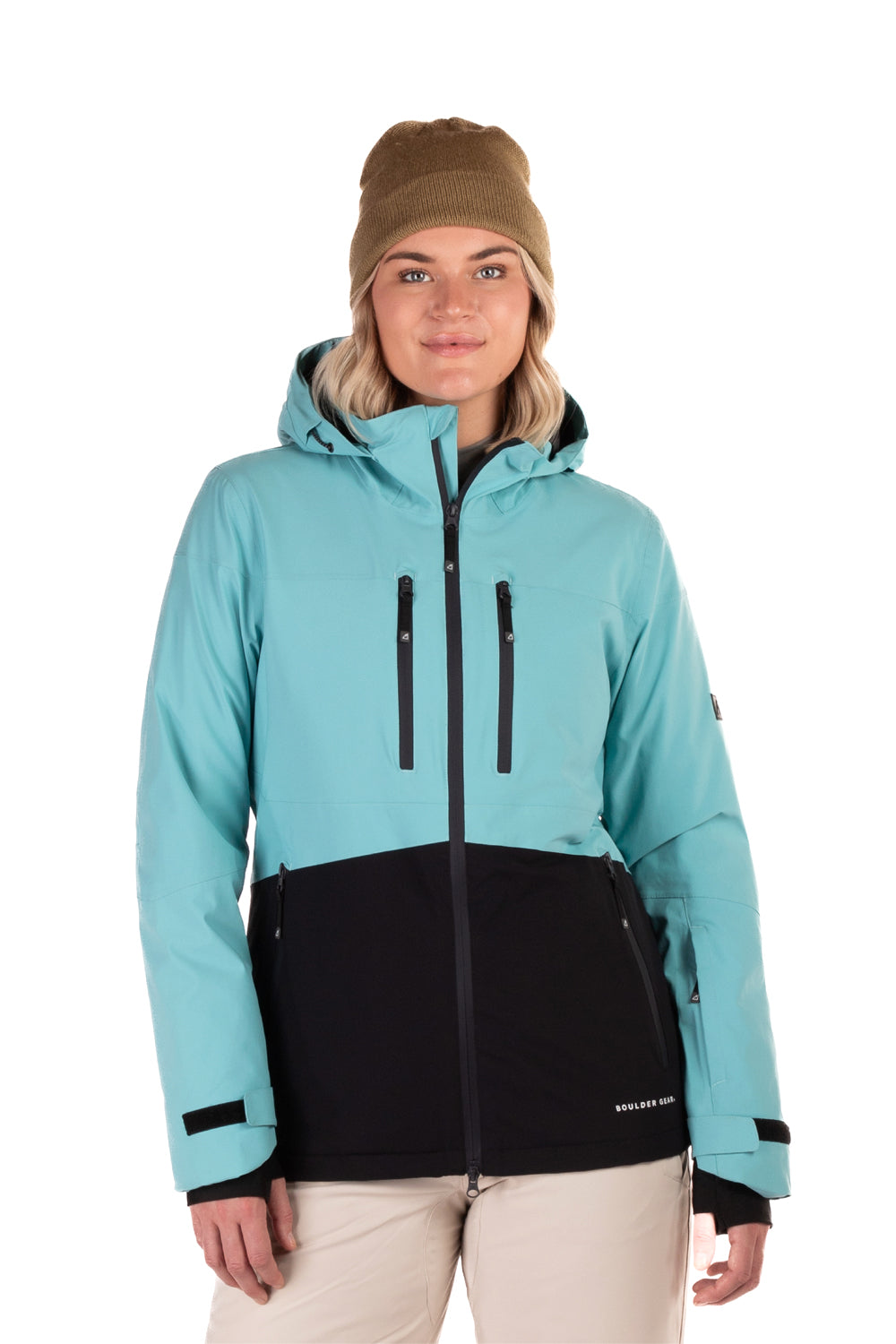 women's Boulder Gear Mesmerize ski jacket, aqua blue and black colorblock