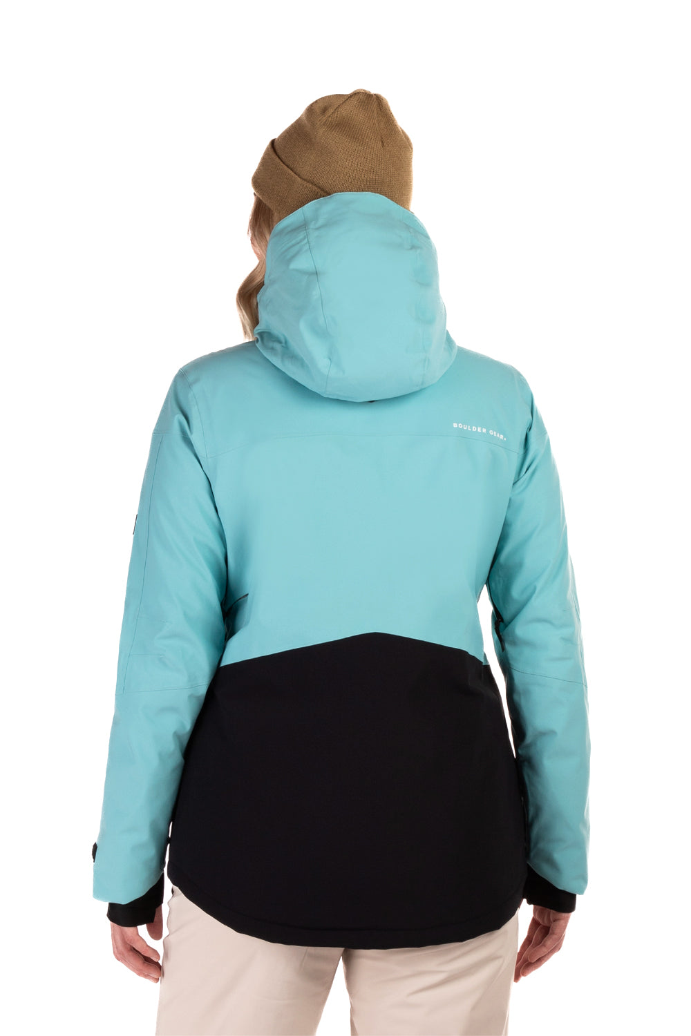 women's Boulder Gear Mesmerize ski jacket, aqua blue and black colorblock