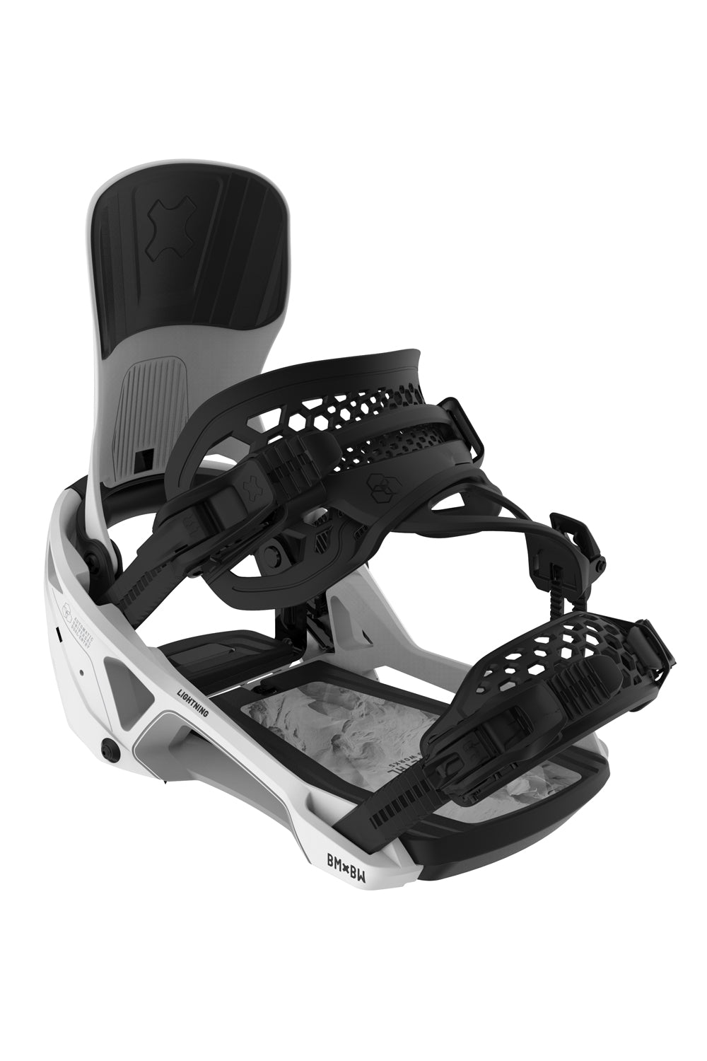 Bent Metal Supermatic snowboard bindings, white with black straps and accents.