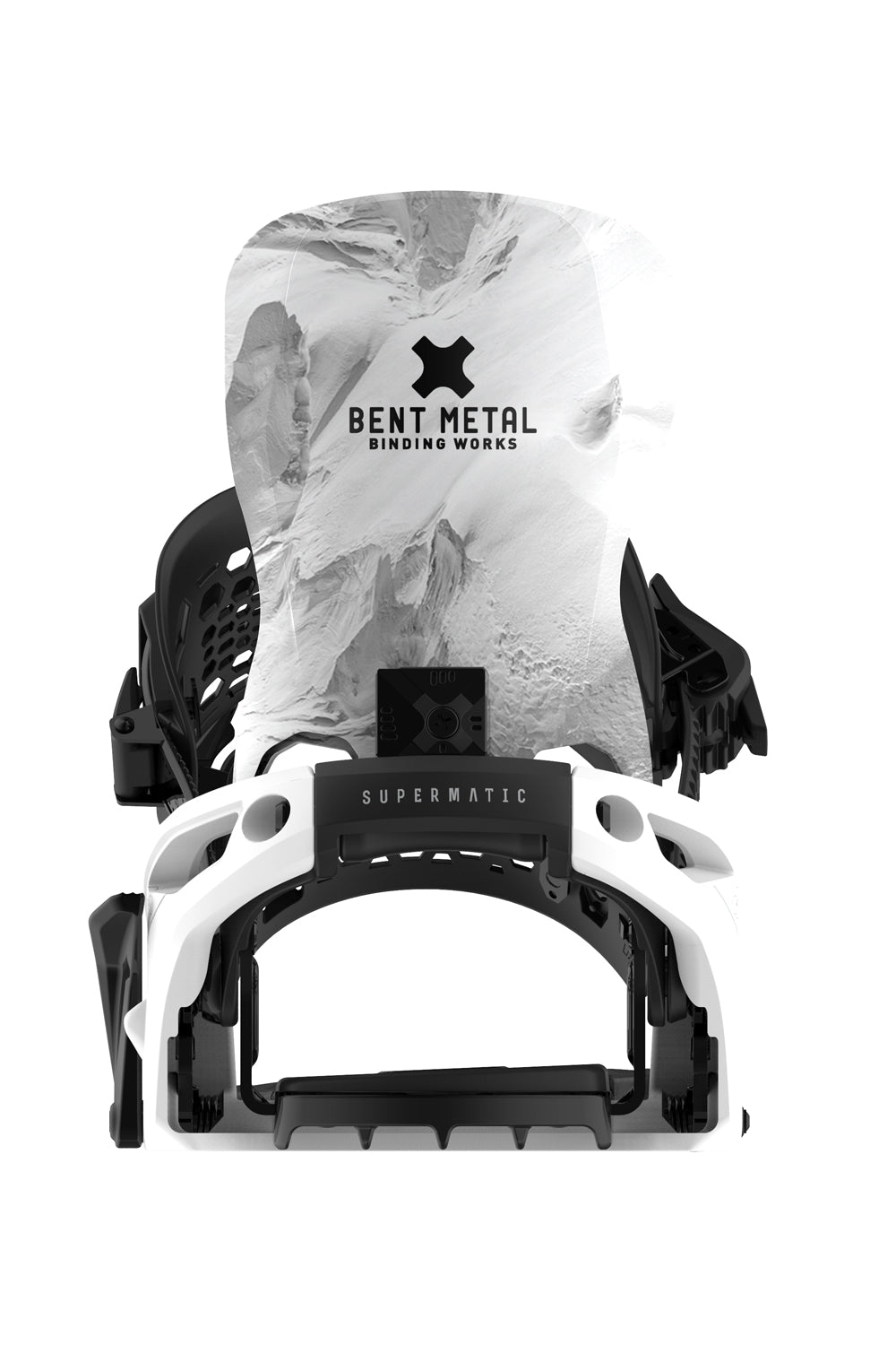 Bent Metal Supermatic snowboard bindings, white with black straps and accents.