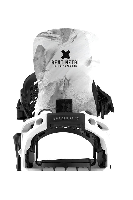 Bent Metal Supermatic snowboard bindings, white with black straps and accents.
