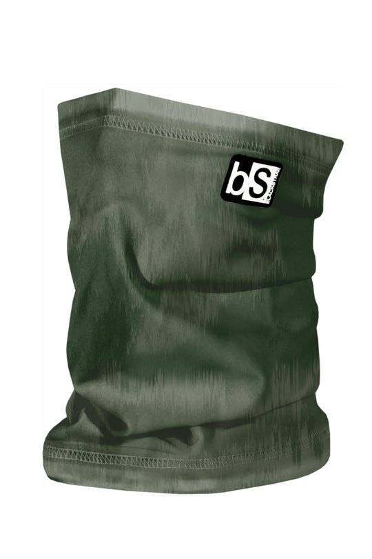 A black neck gaiter with a dual-layer design, featuring the 'bs' logo in white on the front.
