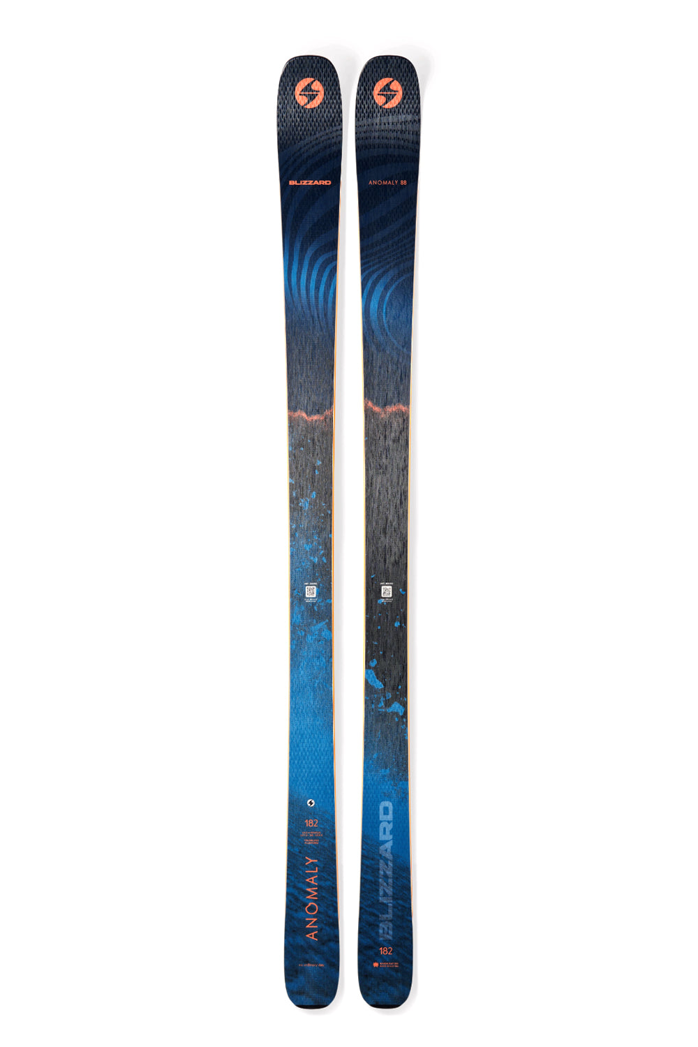 Two skis with a blue and black design on a white background