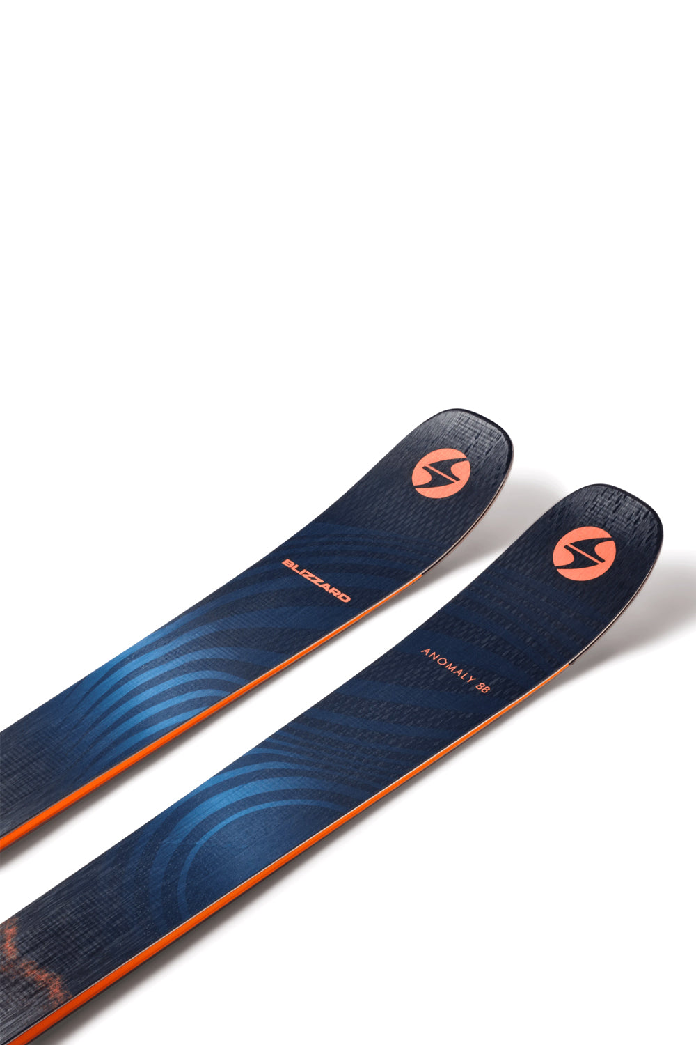 Two blue and orange skis with a brand logo on a white background