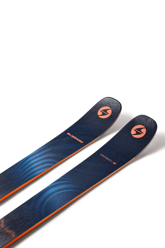 Two blue and orange skis with a brand logo on a white background