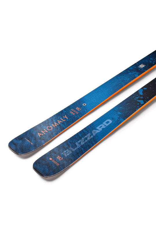 Blue and orange skis with 'Blizzard' branding on a white background