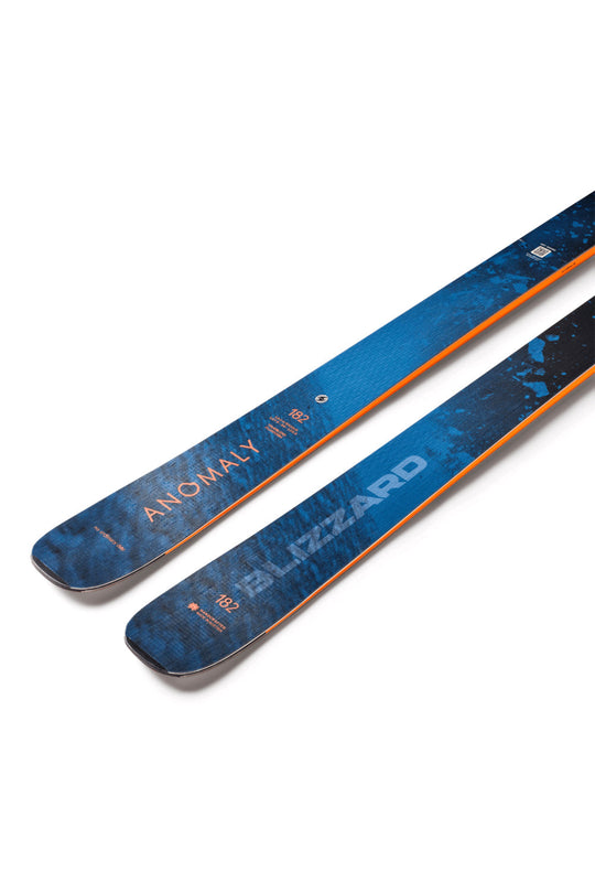 Blue and orange skis with 'Blizzard' branding on a white background