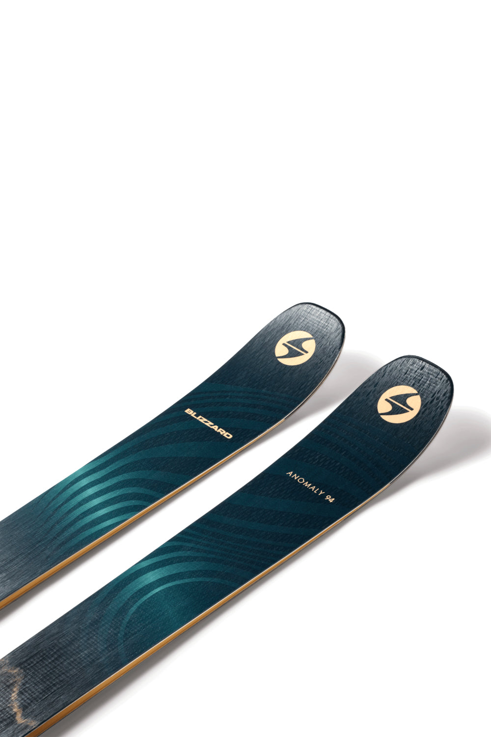 Pair of blue skis with a gold logo on a white background