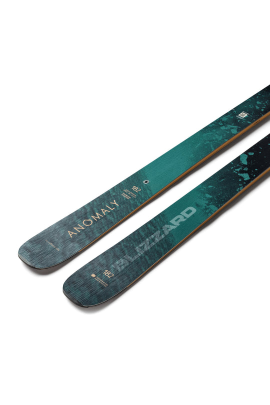 Two skis with a brand logo on a white background