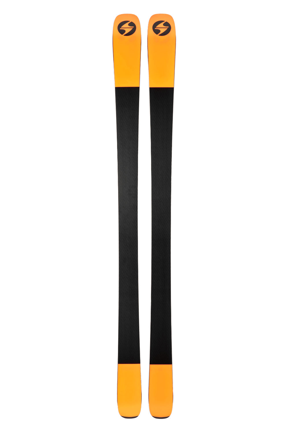 Bottom of skis - orange and black with a brand logo on a white background