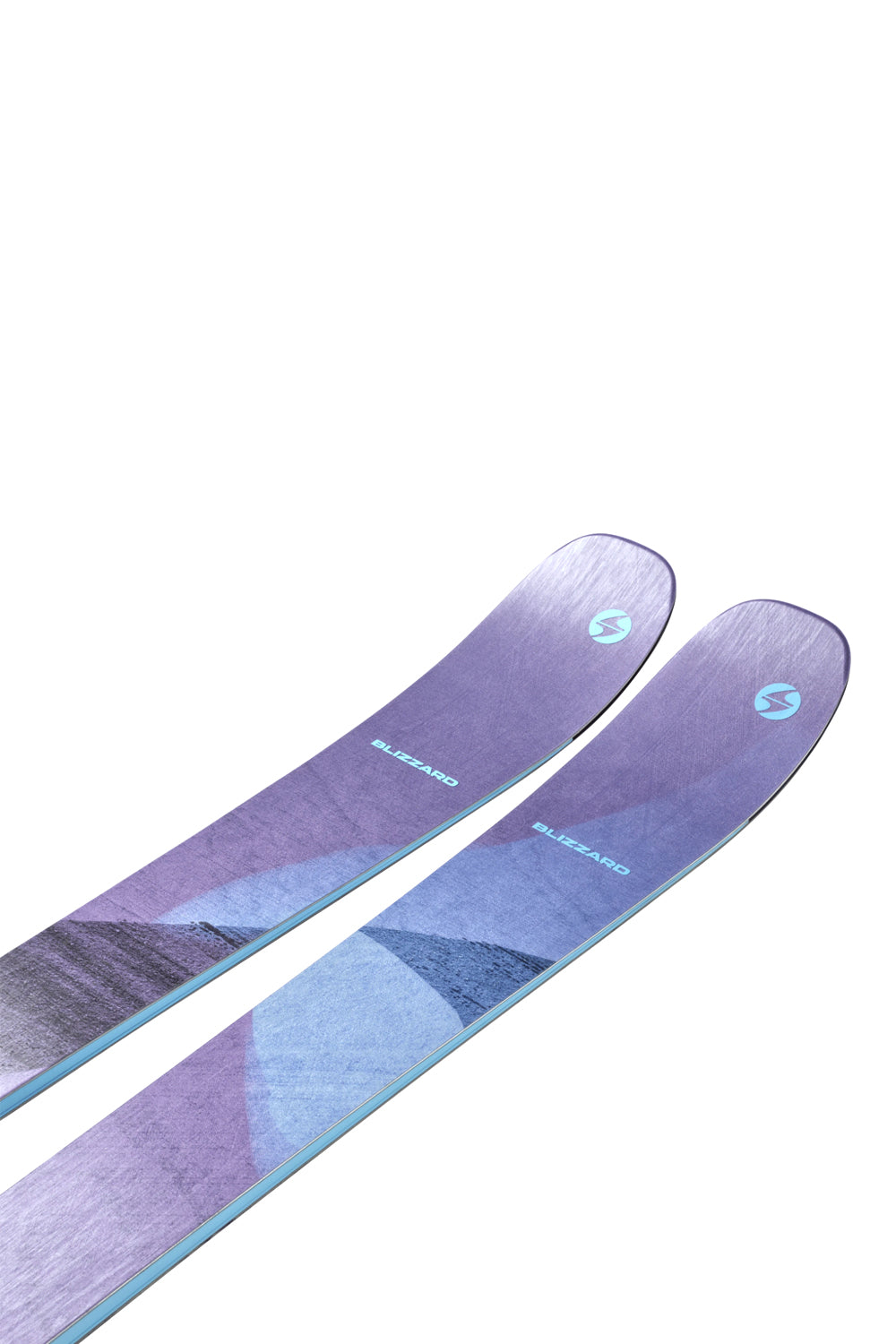 Pair of purple and blue skis on a white background
