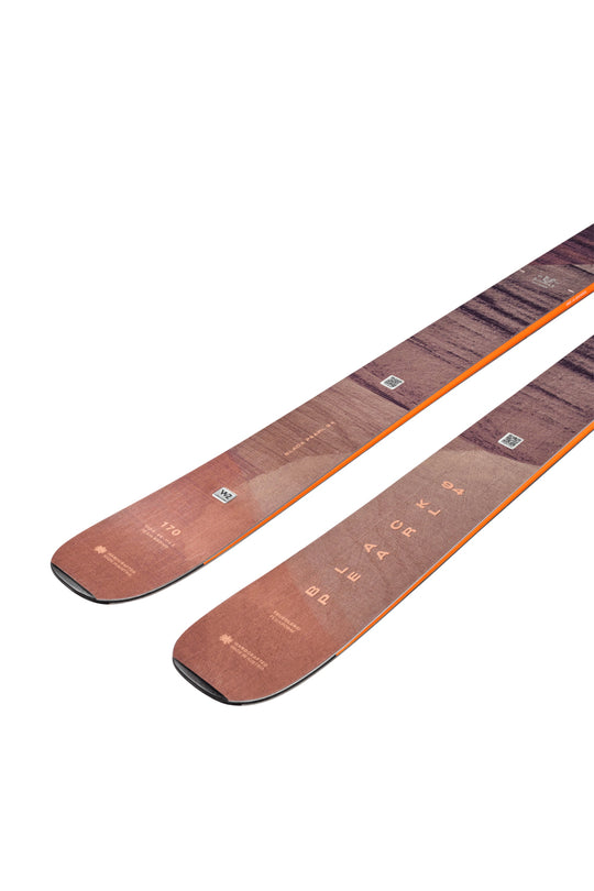 Two skis with a wooden finish on a white background