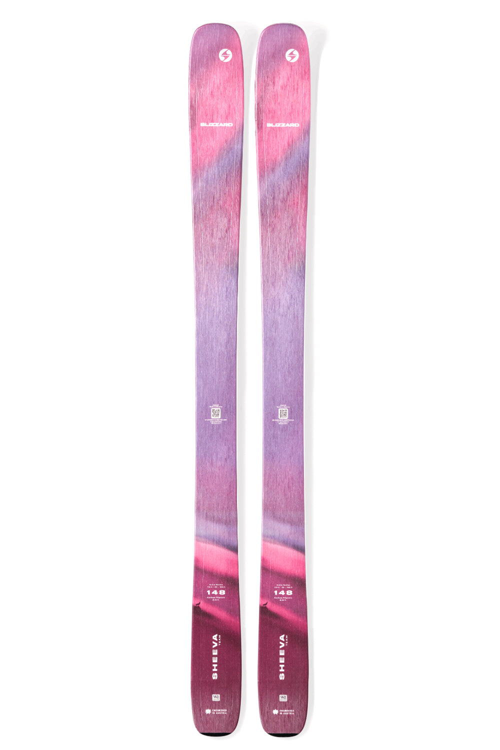 Pair of skis with a pink and purple gradient on a white background