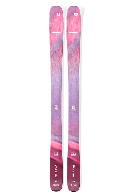 Pair of skis with a pink and purple gradient on a white background