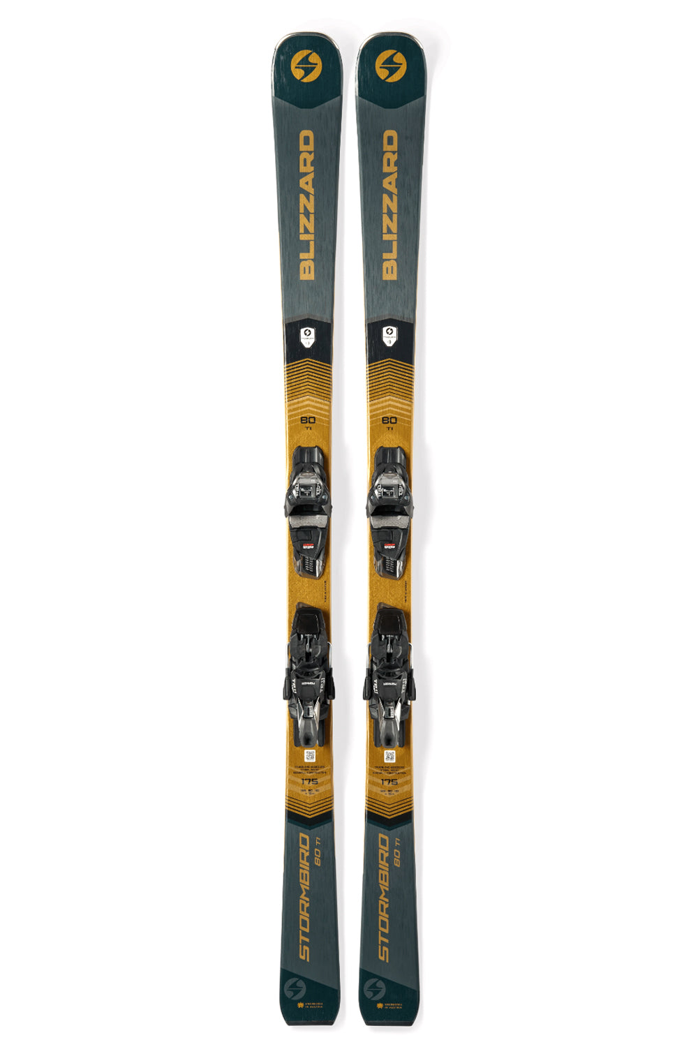 Pair of Blizzard skis with bindings on a white background