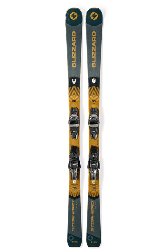 Pair of Blizzard skis with bindings on a white background